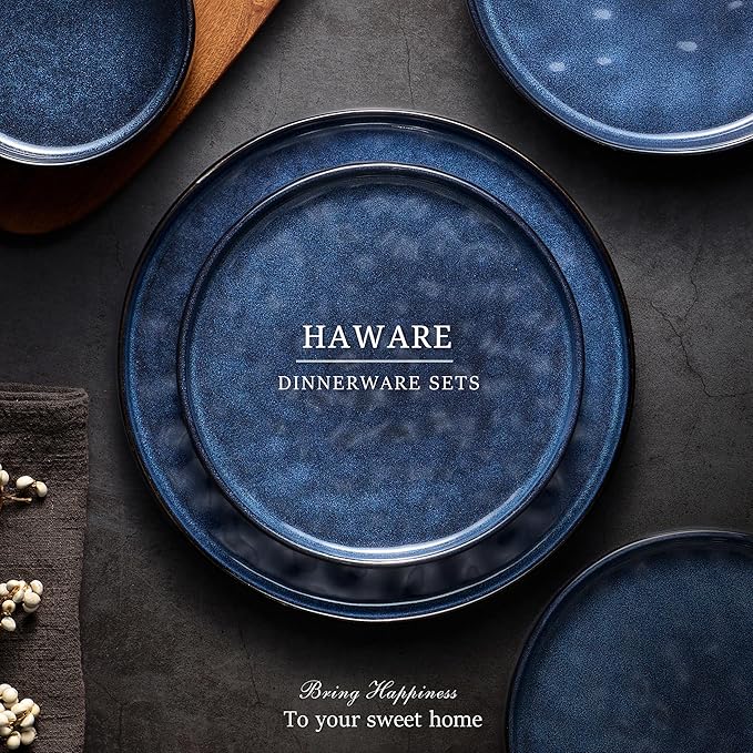 HaWare Dinnerware Sets 24-Piece Plates and Bowls Set Stoneware Dish Set for 8 Ceramic Dinnerware for Home Restaurant Chip and Scratch Resistant Microwave and Dishwasher Safe Reactive Starry Blue