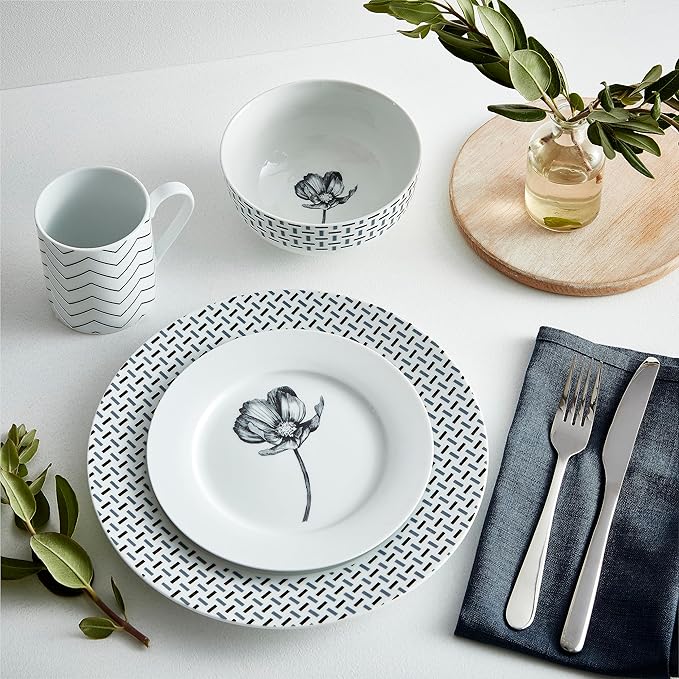Portmeirion Home Stella 16 Piece Set - Monochrome Porcelain Dinnerware Collection with Patterned Borders Mix &amp Match Designs - Ideal for Family Dining Casual Entertaining &amp Modern Table Sett