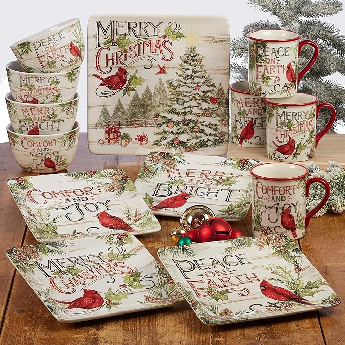 Evergreen Christmas 16-Piece Dinnerware Set – Ceramic Holiday Plates Bowls &amp Mugs with Cardinal &amp Script Design – Service for 4 – Festive Dining for Christmas Gatherings