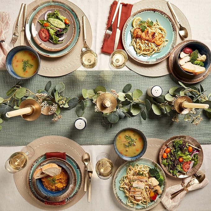 Tabletops Gallery Tuscan Reactive Glaze Stoneware- Dining Entertainment Plate Bowl Ceramic 12 Piece Tuscan Dinnerware Set (Blue Green and Brown)