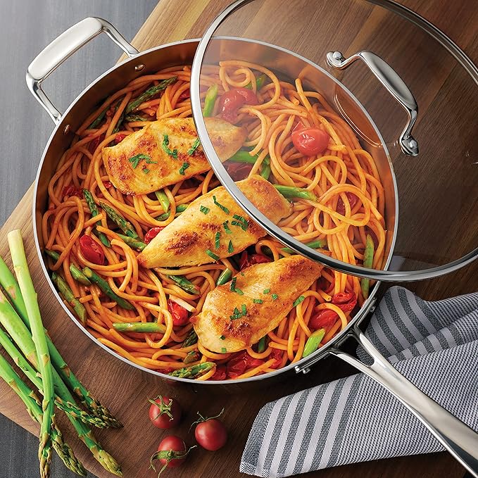 Tramontina Tri-Ply Clad Stainless Steel 6-Quart Saute Pan with Glass Lid Induction-Ready Cooking Pan Dishwasher-Safe NSF-Certified