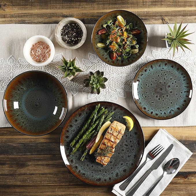 Gibson Elite Kyoto Double Bowl Dinnerware Set Service for 4 (16pcs) Teal