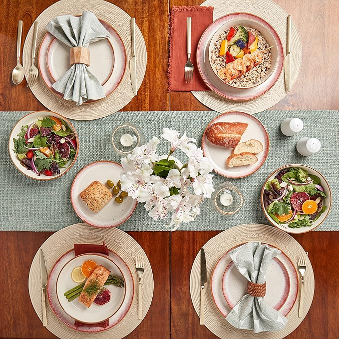 Tabletops Gallery Speckled Farmhouse Collection- Stoneware Dishes Service for 4 Dinner Salad Appetizer Dessert Plate Bowls 12 Piece Hanover Dinnerware Set in Berry
