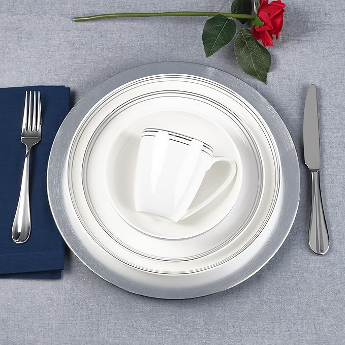 Everyday White by Fitz and Floyd Nevaeh Bone China Coupe Platinum Bands Dinnerware Set Service for 4