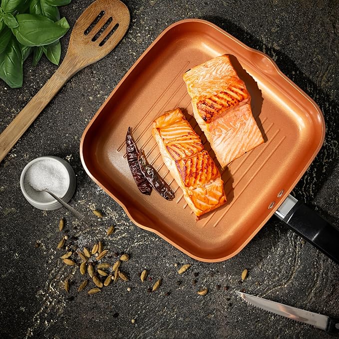 Moss &amp Stone 5 Pcs Copper Chef Cookware Set 9.5” Non Stick Deep Frying Pan Fry Basket Steamer Rack Dishwasher &amp Oven Safe Induction Copper Cookware Set Bundle With Square Grill Pan For In
