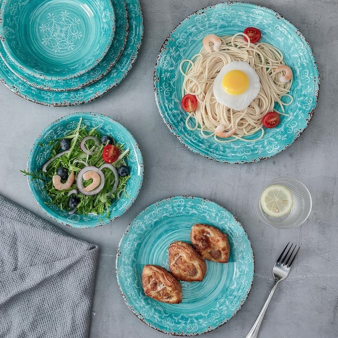 LEHAHA 12pcs Melamine Dinnerware Set .Service for 4 Farmhouse plates and bowls dishes sets Non-breakable Lightweight Dining Serving TablewareGreat for PartyCamping and RV Dishwasher Safe Teal