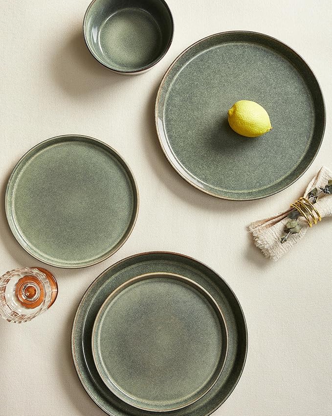 Dinnerware Sets Microwave Safe Plates and Bowls Sets Dishes Set for 4 Chip &amp Scratch Resistant Dinner Set Reactive Glazed Farmhouse Dishware Sets Green Wheat