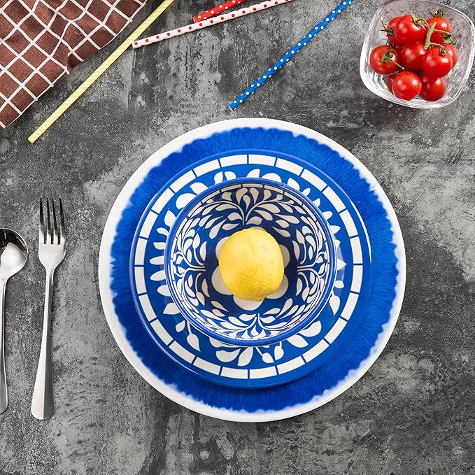 Melamine Dinnerware Set - 12 Pcs Dinner Dishes Set for 4 Plates and Bowls Set for Indoor &amp Outdoor Use- Dishwasher Safe Unbreakable Blue