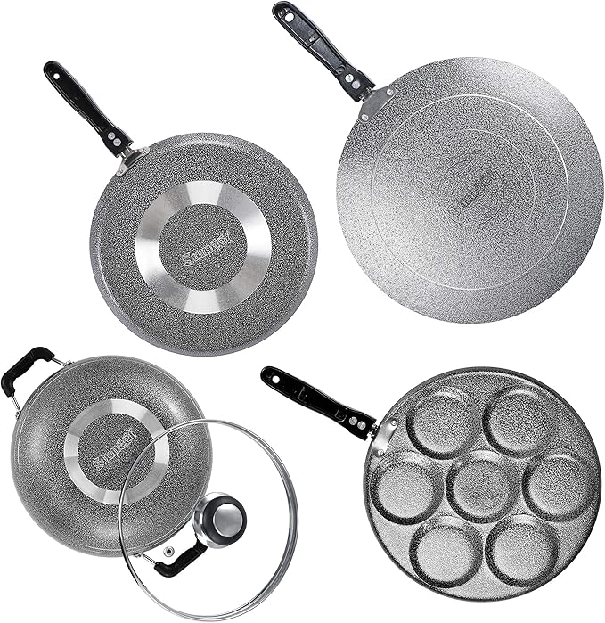 Sumeet NonStick Svartur Cookware Set (Dosa Tawa - 26.5Cm Dia + Multi Snack Maker - 7 Cavity - 26.5Cm Dia + Kadhai with Glass Lid -2Ltr - 22Cm Dia + Conceve/Roti Tawa - 28Cm Dia)