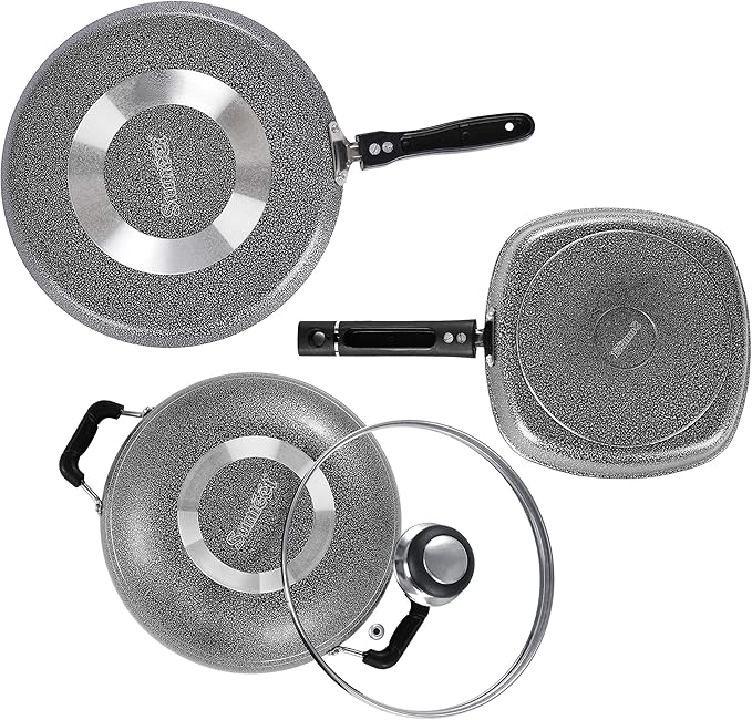 SUMEET NonStick Cawl Cookware Set (Dosa Tawa - 26.5Cm Dia Kadhai with Glass Lid -2Ltr - 22Cm Grill Pan)