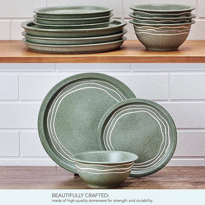 Pfaltzgraff Nature's Pallet 12 Piece Stoneware Dinnerware Set Service for 4 Modern Style High Rims for Everyday use Green