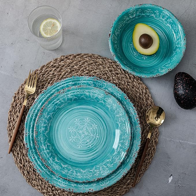 LEHAHA 12pcs Melamine Dinnerware Set .Service for 4 Farmhouse plates and bowls dishes sets Non-breakable Lightweight Dining Serving TablewareGreat for PartyCamping and RV Dishwasher Safe Teal