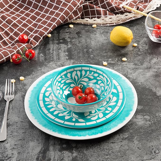 Melamine Dinnerware Sets -12 Piece Plates and Bowls Set for Indoor and Outdoor Use LightweightTeal colorGreen