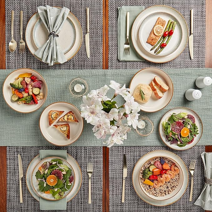Tabletops Gallery Speckled Farmhouse Collection- Stoneware Dishes Service for 4 Dinner Salad Appetizer Dessert Plate Bowls 12 Piece Hanover Dinnerware Set in Teal
