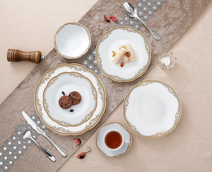 Lorren Home Trends Catherine 24 Piece Porcelain Dinnerware Set Gold