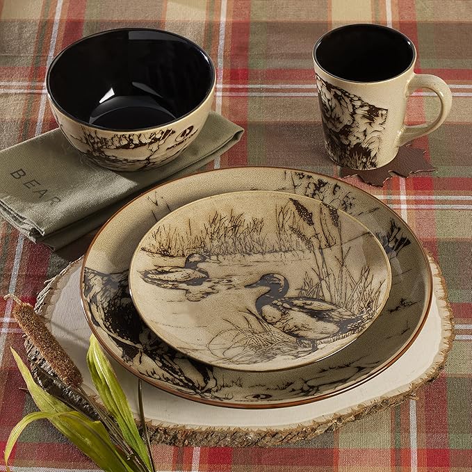 Mossy Oak Animal Print 16 Piece Dinnerware Set Service for 4 Black and Beige