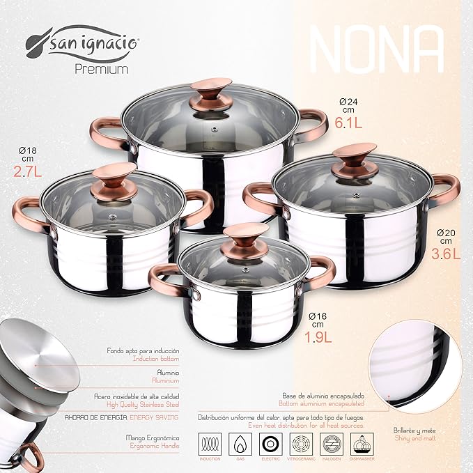 Kitchen Battery 8 Pieces SAN IGNACIO Premium Nona Stainless Steel with pan Set (18/22 cm) and Grill 28x28 cm Daimiel in Forged Aluminum