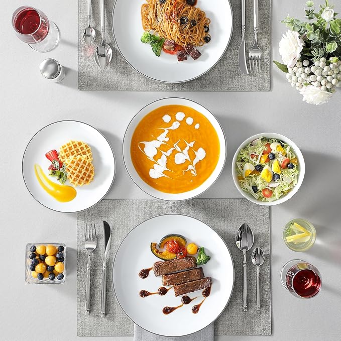 MALACASA 24-Piece Gourmet Porcelain Dinnerware Sets Modern White with Black Rim Round Dish Set for 6 - Premium Serving Plates and Bowls Sets for Dessert Salad Soup Pasta - Series AMELIA
