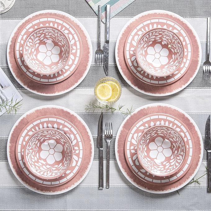 Melamine Dinnerware Sets - 12 Pcs Plates and Bowls SetUnbreakable Dinner Dishes Set for 4Lightweight Dishwasher Safe BPA FreeIndoor Outdoor use Pink
