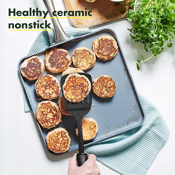 GreenPan Chatham ceramic Non-Stick 10Pc Cookware Set Grey - &amp Lima 11 Ceramic Non-Stick Square Griddle Grey -