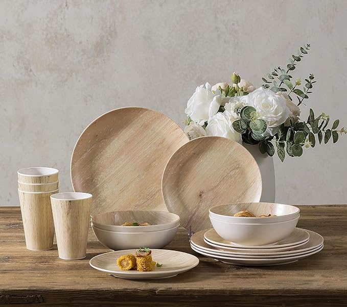 MissYIP 16 Pcs Melamine Dinnerware Set Service for 4Woodland Melamine Plates Set with Bowls and CupsNon-breakable Lightweight Dining Tableware Indoor and Outdoor useDishwasher SafeWood grain