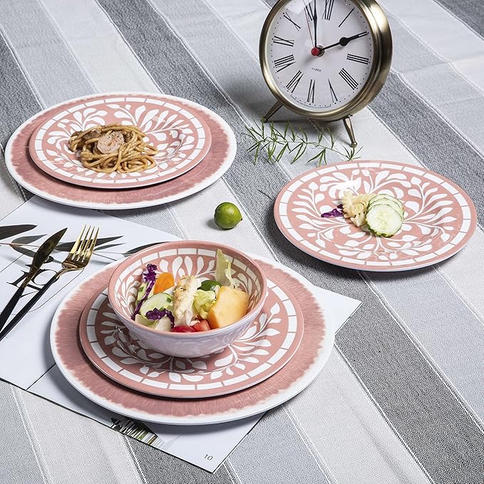 Melamine Dinnerware Sets - 12 Pcs Plates and Bowls SetUnbreakable Dinner Dishes Set for 4Lightweight Dishwasher Safe BPA FreeIndoor Outdoor use Pink