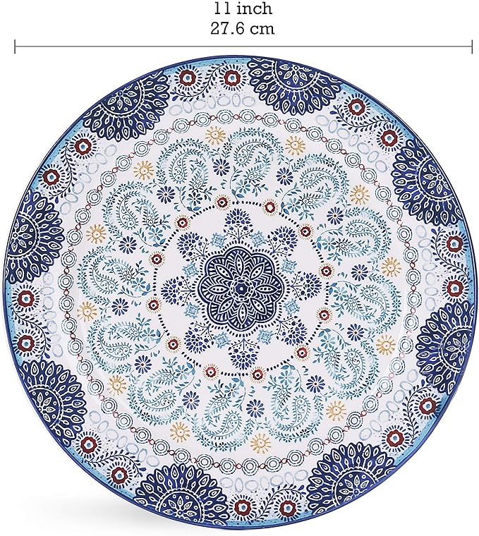 Bico Blue Talavera Ceramic 16 pcs Dinnerware Set Service for 4 Inclusive of 11 inch Dinner Plates 8.75 inch Salad Plates 26oz Cereal Bowls and Mugs for Party Microwave &amp Dishwasher Safe