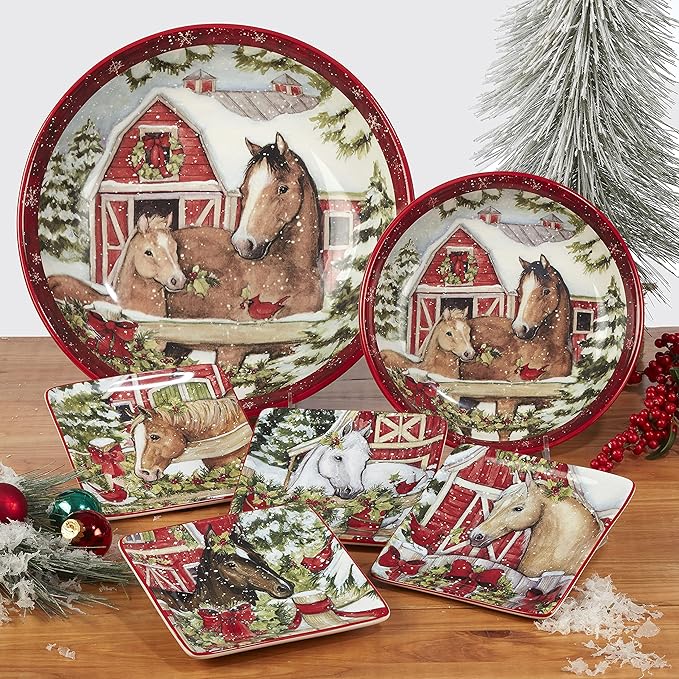 Homestead Christmas 16-Piece Dinnerware Set – Holiday Tableware for 4 with Festive Horse &amp Barn Scenes – Winter Ceramic Plates Bowls &amp Mugs – Farmhouse Country Christmas Décor