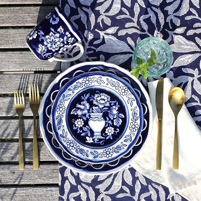 Euro Ceramica Blue Garden 16 Piece Oven Safe Hand Painted Stoneware Dinnerware Set Service for 4 Bold Vase Design/Floral Pattern White and blue