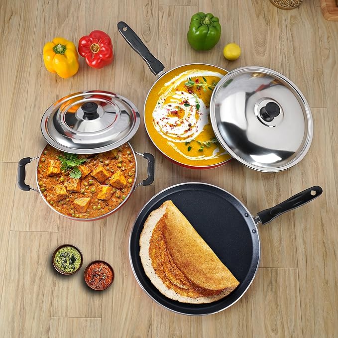 Sumeet 2.6mm Thick Non-Stick SORX Cookware Set (Dosa Tawa 26.5cm Dia + Kadhai with Lid 1.5Ltr Capacity- 20cm Dia + Fry pan 1.5Ltr Capacity 21cm Dia)