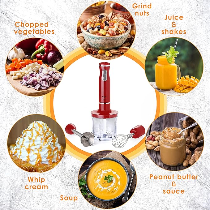 Moss &amp Stone Electric Hand Blender Set 300W Immersion Hand Blender with Whisk and Chopper Stainless Steel Shaft and Blades 2-Speed Handheld Mixer with Ergonomic Grip Red