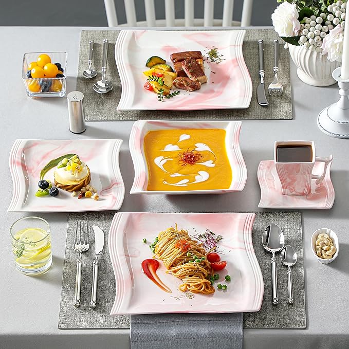 MALACASA Dinnerware Sets 30-Piece Pink Plates and Bowls Sets for 6 Porcelain Dinnerware Set with Plates and Bowls Cups and Sacuers Square Dish Set Modern Dining Ware Set Series Flora