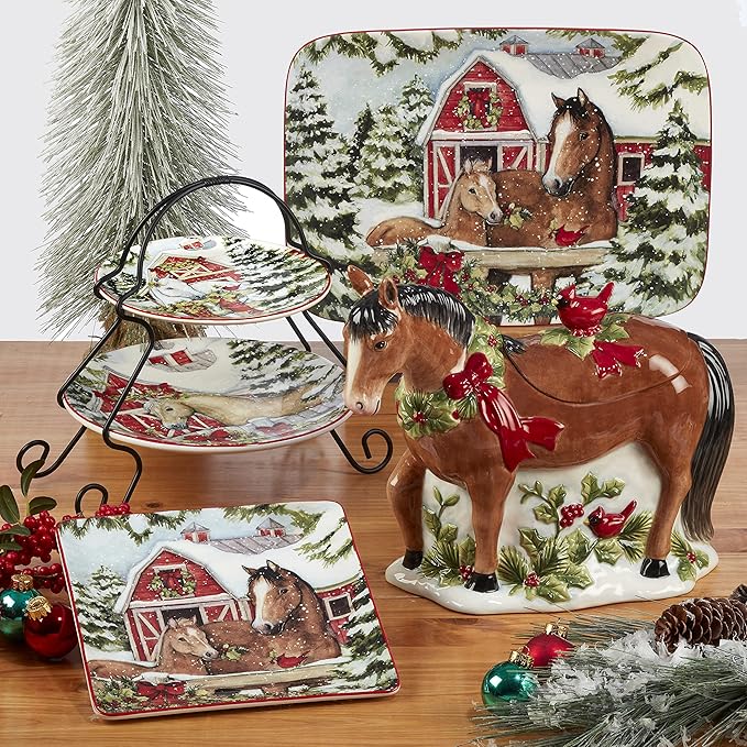 Homestead Christmas 16-Piece Dinnerware Set – Holiday Tableware for 4 with Festive Horse &amp Barn Scenes – Winter Ceramic Plates Bowls &amp Mugs – Farmhouse Country Christmas Décor