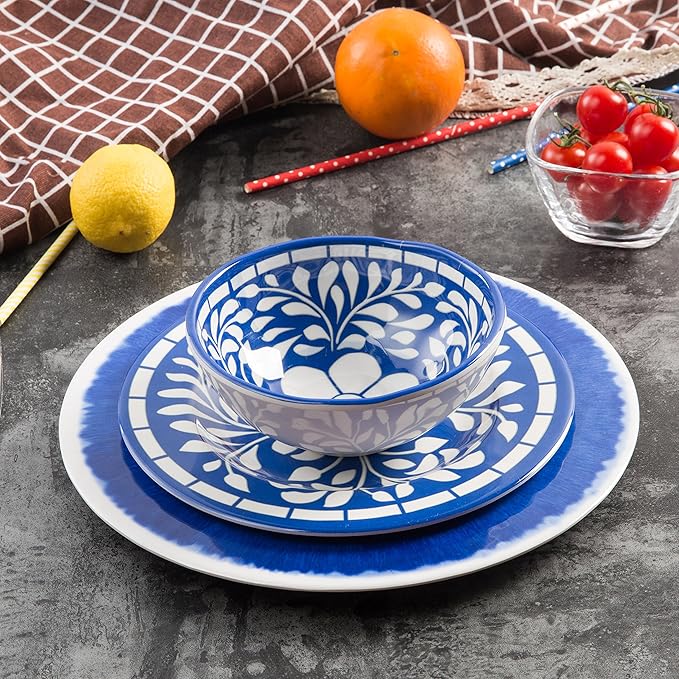 Melamine Dinnerware Set - 12 Pcs Dinner Dishes Set for 4 Plates and Bowls Set for Indoor &amp Outdoor Use- Dishwasher Safe Unbreakable Blue