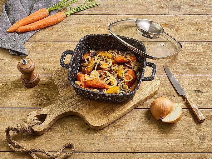 Pradel Excellence - 20 x 20 cm Premium Dutch Oven - 2L - Cast Aluminium - Stone-like non-stick coating - Glass lid with stainless steel cap - Silicone handles - Suitable for all heat sources including