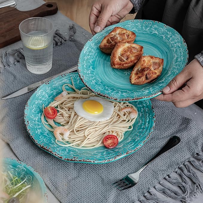 LEHAHA 12pcs Melamine Dinnerware Set .Service for 4 Farmhouse plates and bowls dishes sets Non-breakable Lightweight Dining Serving TablewareGreat for PartyCamping and RV Dishwasher Safe Teal