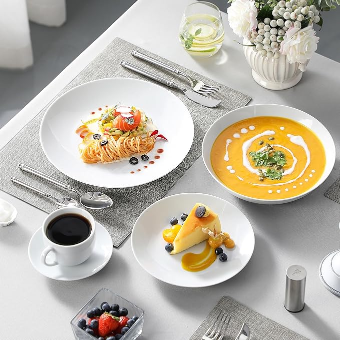 MALACASA 30-Piece Gourmet Porcelain Dinnerware Sets Modern White Round Dish Set for 6 - Premium Serving Plates and Bowls Sets for Dessert Salad Soup Pasta - Series AMELIA