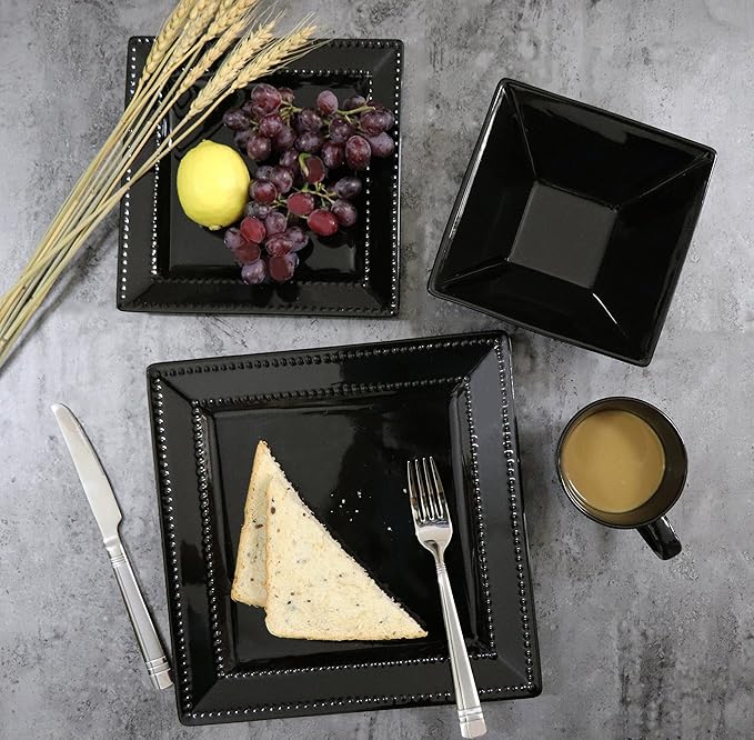 16 Piece Square Beaded Stoneware Dinnerware set by Lorren Home Trends Black