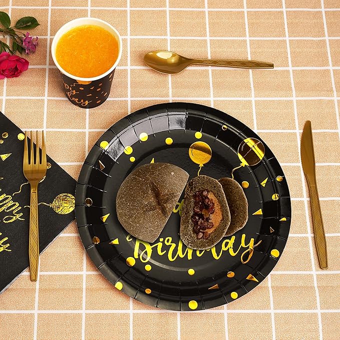 200 pieces of black and gold birthday party supplies disposable happy birthday tableware set gold plastic knives forks spoons straws. Birthday themed tray cup25Guests (black)