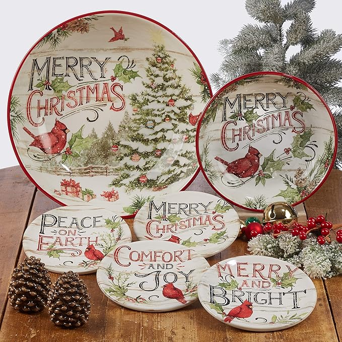 Evergreen Christmas 16-Piece Dinnerware Set – Ceramic Holiday Plates Bowls &amp Mugs with Cardinal &amp Script Design – Service for 4 – Festive Dining for Christmas Gatherings