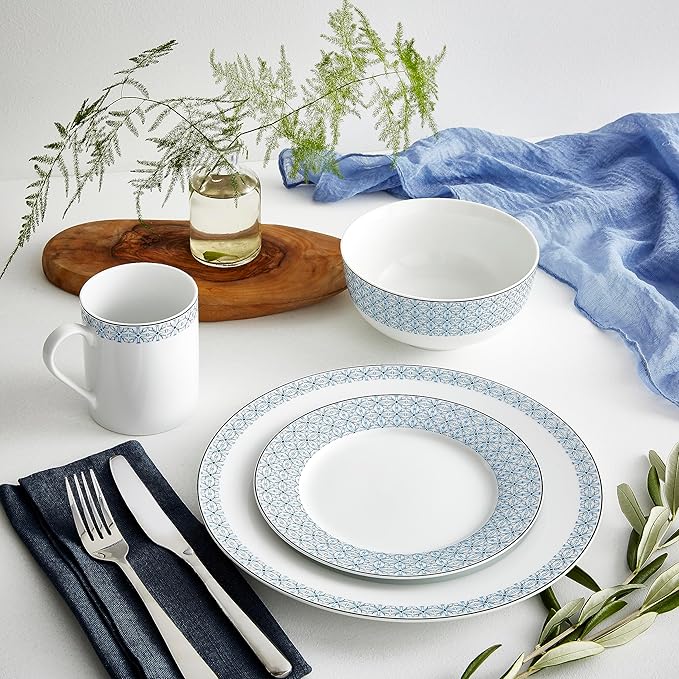 Portmeirion Home Mallorca 16 Piece Porcelain Dinnerware Set with Blue Geometric Border 4 Place Settings - Ideal for Weekday Meals Casual Brunches Relaxed Dinner Parties Small Family Celebrations