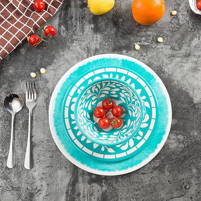 Melamine Dinnerware Sets -12 Piece Plates and Bowls Set for Indoor and Outdoor Use LightweightTeal colorGreen