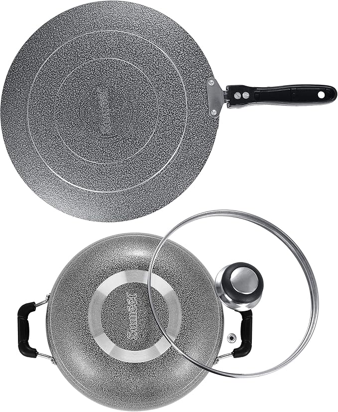 SUMEET Aluminium NonStick Air Head Cookware Set (Silver Kadhai with Glass Lid -2Ltr - 22Cm Diameter Conceive/Roti Tawa - 28Cm Dia)