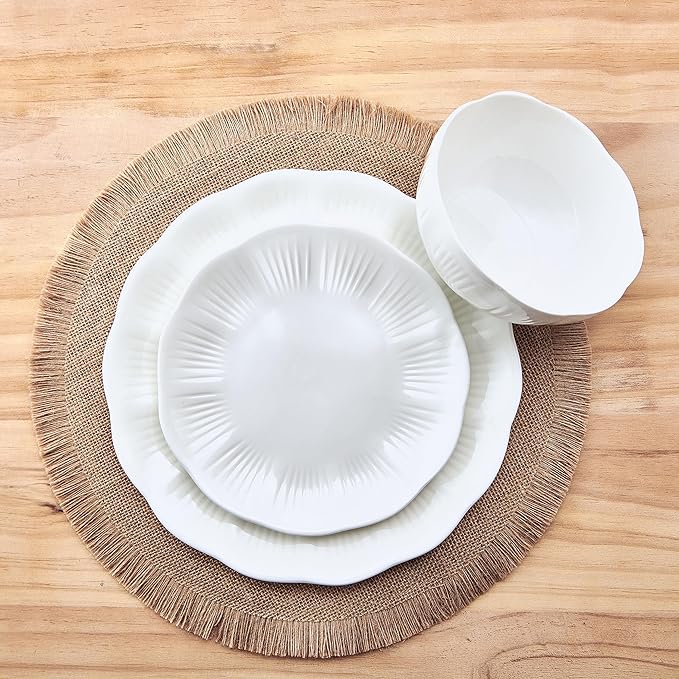 Mikasa Flora Scalloped Lightweight Chip Resistant Bone China 12 Piece Plate Bowl Dinnerware Set Service for 4 White