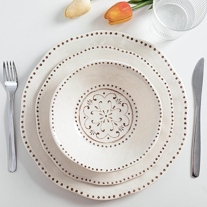 LEHAHA Beaded Crackle 12 Piece Melamine Camping Dinnerware Set Plates and Bowls Sets Indoor and Outdoor Use Break-Resistant Rustic RV Dishes Set Service for 4(Ivory)…