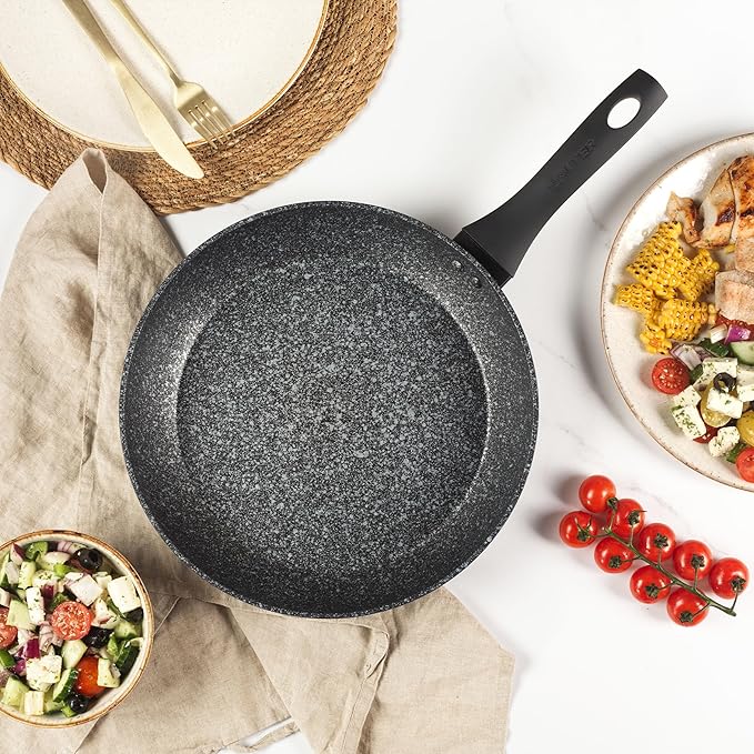 Salter BW06524S Non-Stick Frying Pan - 30cm Forged Aluminium Megastone Cooking Pan PFOA-Free Induction Suitable Corrosion-Resistant Dishwasher/Metal Utensil Safe Soft-Touch Handle Silver/Black