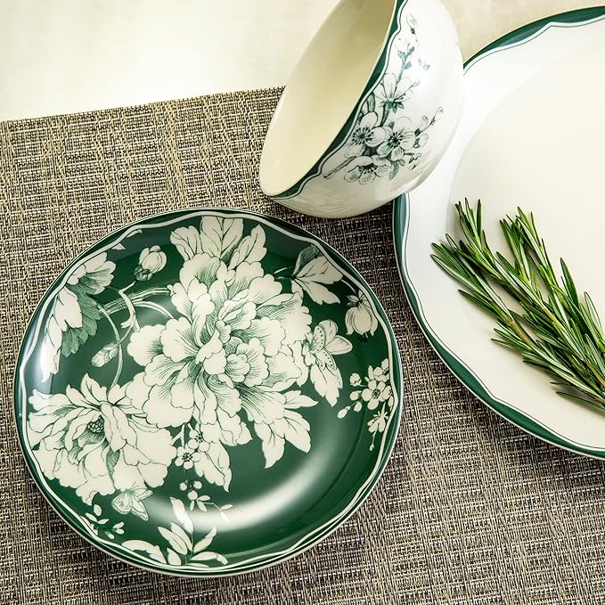 222 Fifth 12-Piece Porcelain Dinnerware Set for 4 White &amp Sage Green Plates and Bowls Set Glossy Ceramic Dish Set with Detailed Floral Design Microwave &amp Dishwasher Safe Dishes for Dining