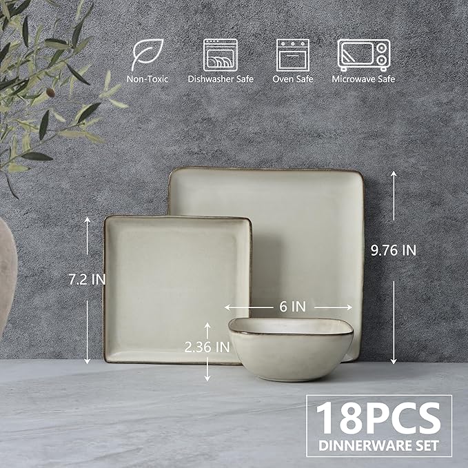 E-far Square plates and bowls Sets for 6 18-Piece Reactive Glaze Stoneware Dinnerware Sets Porcelain Dishware Sets for Kitchen Home Microwave &amp Dishwasher Safe Sandy Beige
