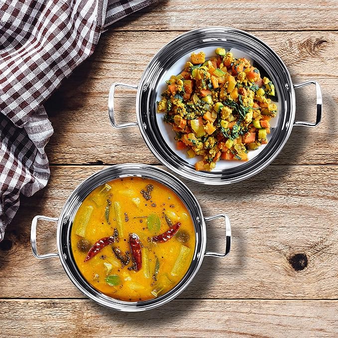 Sumeet Stainless Steel Encapsulated Bottom Induction and Gas Stove Friendly Kadhai - Set of 2 (Size No.11 and 12 1.5 L and 1.9 L)