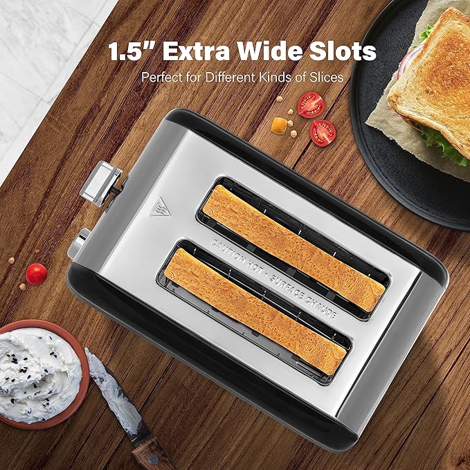 YSSOA Stainless Steel Toaster 2 Slice with 1.5” Wide Slot &amp Removable Crumb Tray 5 Shade Options and Bagel/Defrost/Cancel Functions for Various Bread &amp Waffle Retro Black
